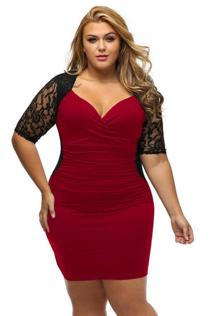 Sexy Ruched Lace Illusion Bodycon Party  PLUS SIZE Dress