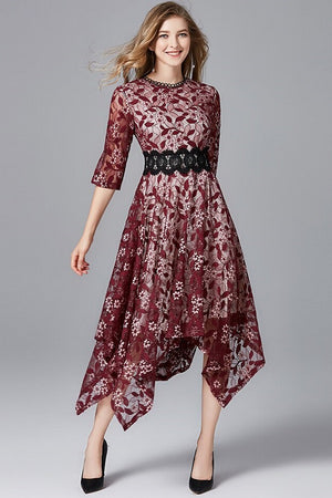 loral Lace Asymmetrical Patchwork Midi Dress