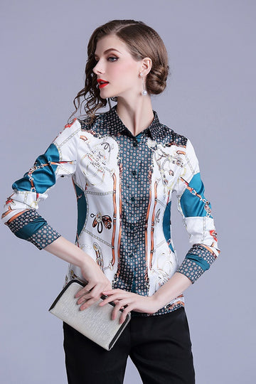 Long Sleeve Chiffon Printed Women Shirt Blouse Top