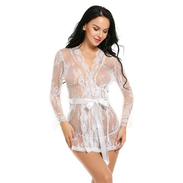 Sexy Lace Mesh Lingerie Set, V Neck Slip Dress & Long Sleeve Robe