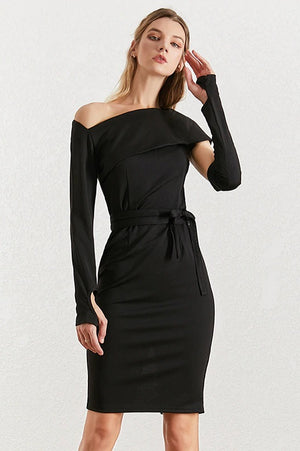 Slash Neck Long Sleeve Hollow Out Lace Up Slim Evening Party Dress