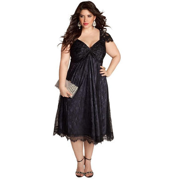Sexy V Neck Cap Sleeve Floral Lace Midi Plus Size Dress Verkadi.com