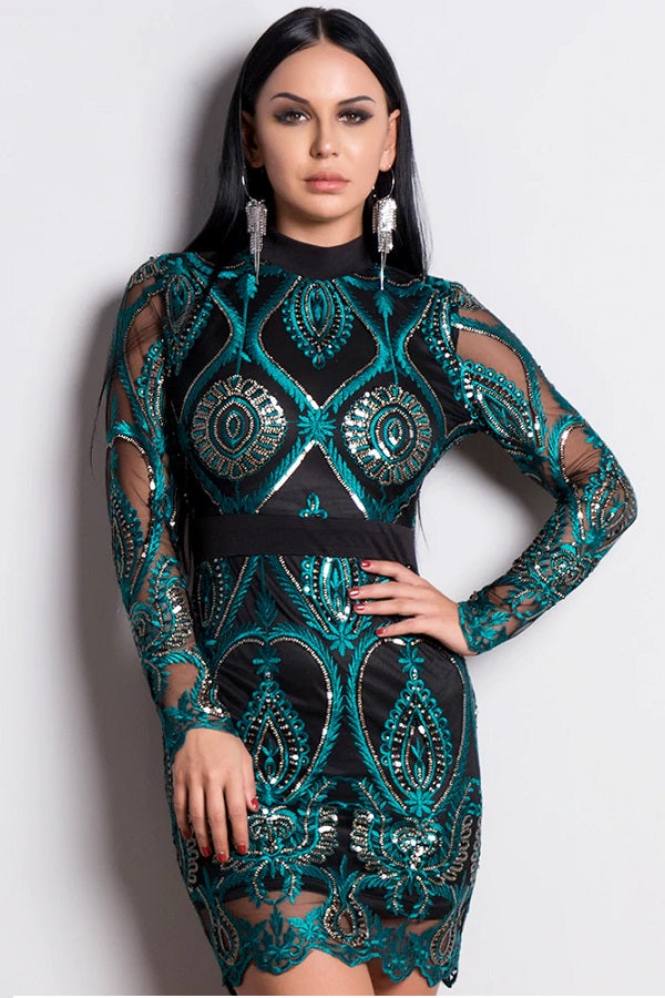 Sexy Long Sleeve Sequin Hollow Out Backless Party Mini Dress