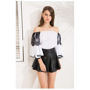 Sexy Slash Mesh Patchwork Flare Sleeve Chiffon Top Blouse Verkadi.com