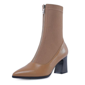 Sexy Italian Style Square Heel Leather Sock Mid Calf Boots Verkadi.com