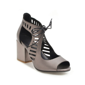 Hollow Lace Up Covered Block Heel Peep Toe Sandals