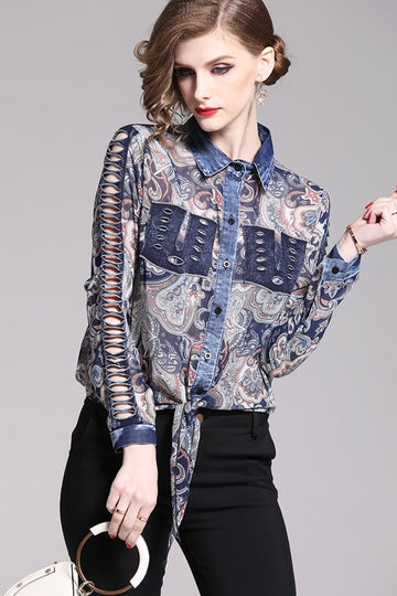 Denim Patchwork Turn-down Collar Chiffon Shirt Blouse Top