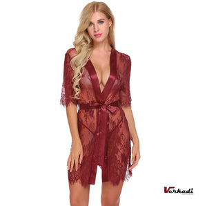 Sexy Sheer Lace Short Sleeve Robe With G-string Lingerie Verkadi.com