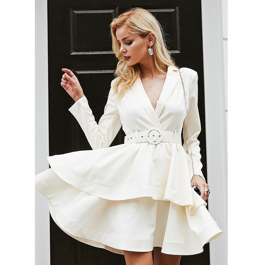 Elegant Ruffle Turn Down Collar Sash Pro Dress