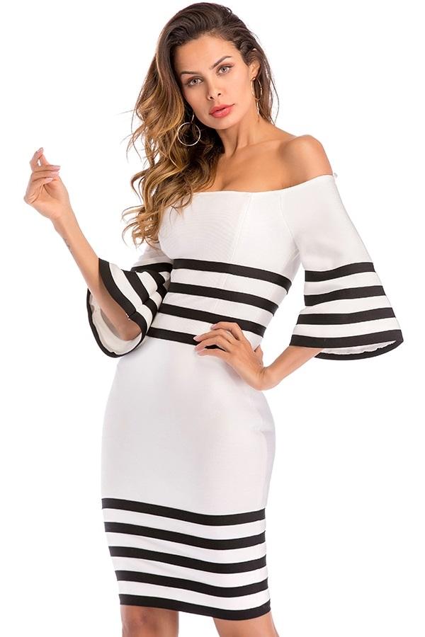 Off Shoulder Bandage Striped Bodycon Dress