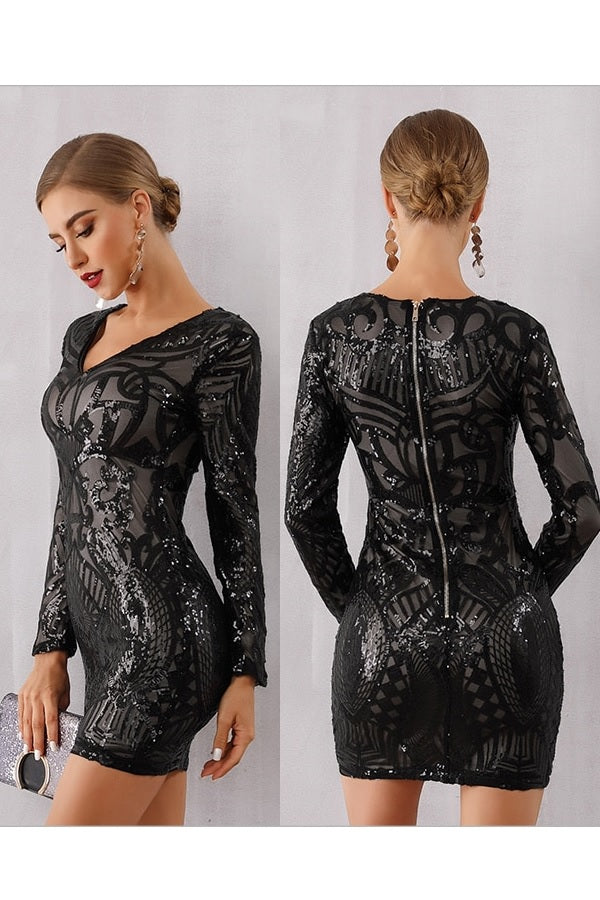 Sexy Long Sleeve Sequin Deep V Neck Party Mini Dress