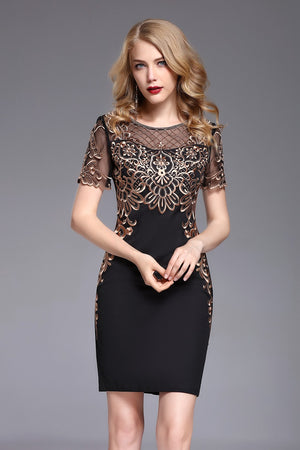 Sexy O-Neck Short Sleeve Embroidery Patchwork A-Line Mini Dress