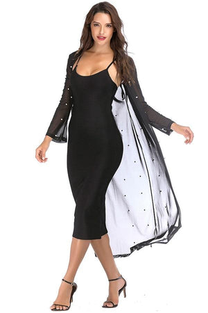 Two Piece Long Sleeve Kimono Mesh Mid Calf Dress