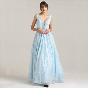 Elegant Deep V-neck Blue Backless Pearl Evening Party Dress Verkadi.com