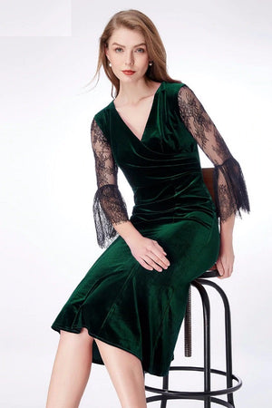 Velvet V-Neck High Stretch Lace Sleeve Vintage Formal Dress