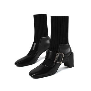 Genuine Leather Heels Retro Square Toe Mid Calf Boots