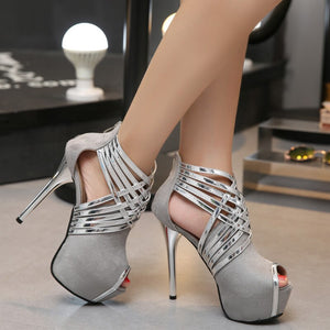 Thin High Heels Peep Toe Flock Platform Pumps