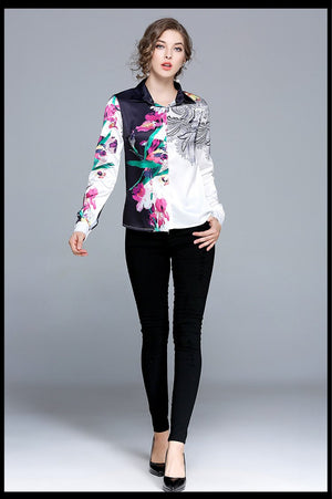 Elegant Floral Print Silk Patchwork Top Shirt Blouse Verkadi.com