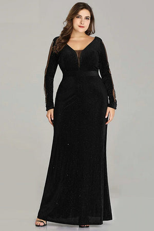 Elegant Plus Size Mermaid V Neck Velvet Full Sleeve Long Dress