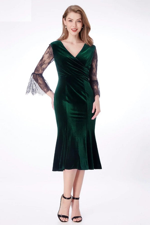 Long Velvet V-neck Dresses with V Back Moss