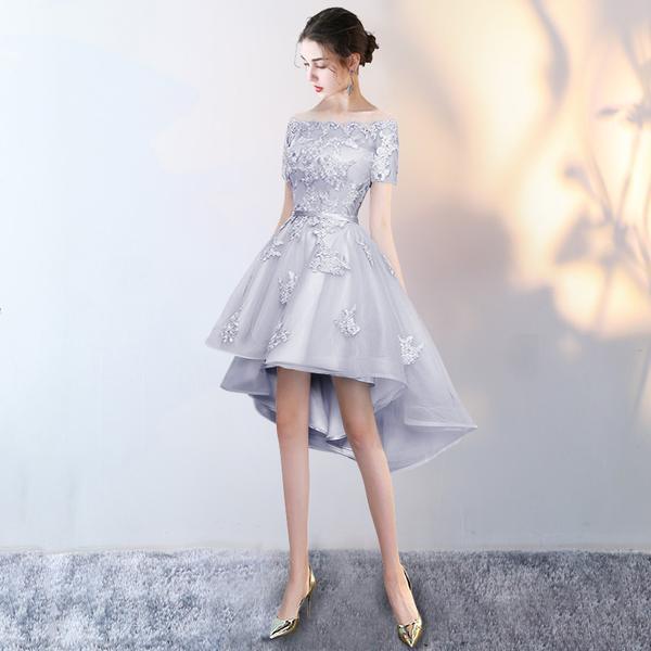 short asymmetrical prom dresses Light Grey Cocktail Dresses Stand Collar Bell Sleeve Short Prom Dress Asymmetrical Graduation Dress