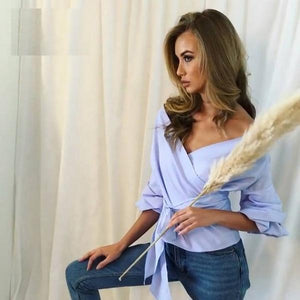 Sexy Off Shoulder Ruffled Bow Ruched Sleeves Blouses Top Verkadi.com