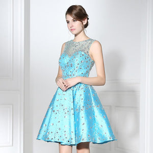 Sky Blue Glitter Sequined Satin O-Neck Mini Prom Dress Verkadi.com
