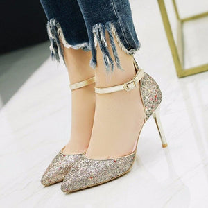 Classy Bling PU Ankle Strap Sexy High Heel Pumps Shoes