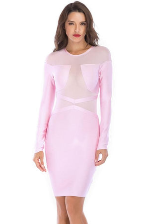 Pink Patchwork Mesh Long Sleeve Bodycon Pencil Dress