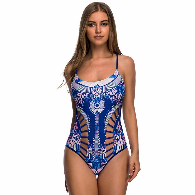 Sexy Geometric Print Lace Up Back One Piece Swimsuit