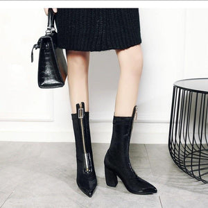 Leather Corduroy Pointed Toe Square High Heel Mid Calf Boots