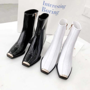 Ankle Boots Square Toe Zipper Leather High Heeled