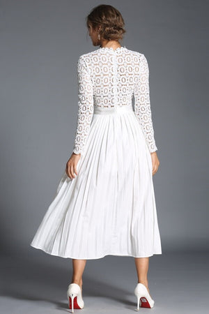 Vintage Design White Lace Pleated Mid-Calf Dress