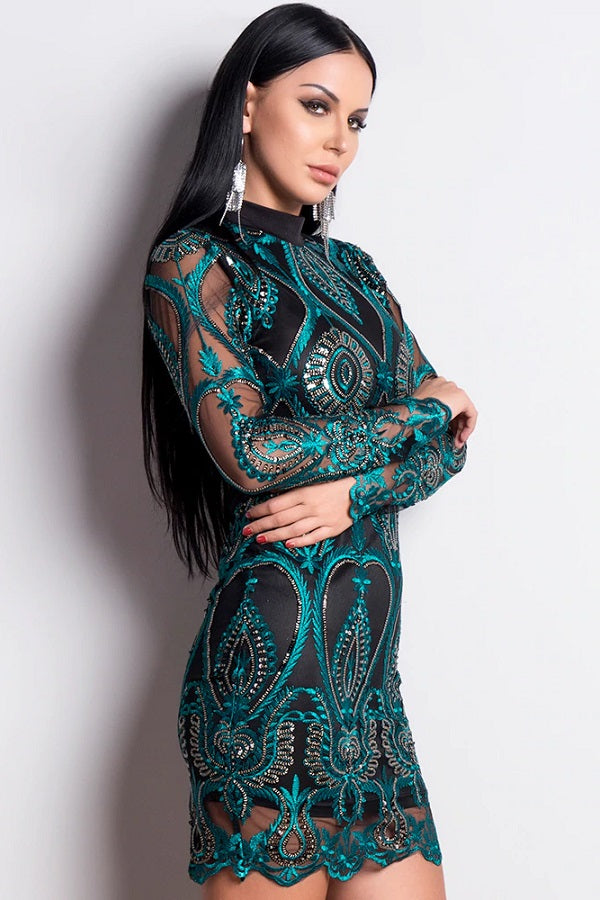 Sexy Long Sleeve Sequin Hollow Out Backless Party Mini Dress – Verkadi