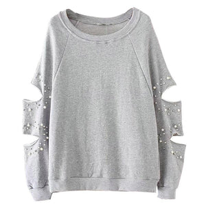 Gray Pearl Embellished Ripped Long Sleeve Sweatshirt Verkadi.com