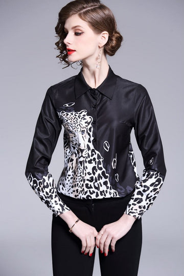 ong Sleeve Turn-Down Collar Slim Print Women's Shirt Blouse Top