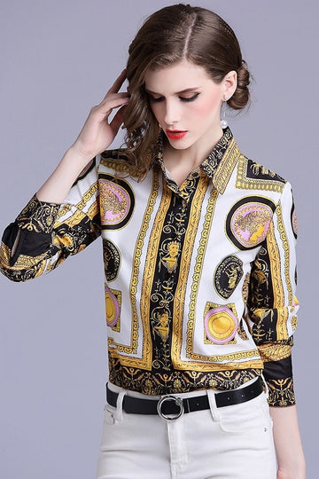 Long Sleeve Turn Down Collar Printed Chiffon Blouse Shirt Top