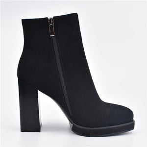 French Style Flock Leather Square High Heels Ankle Boots Verkadi.com