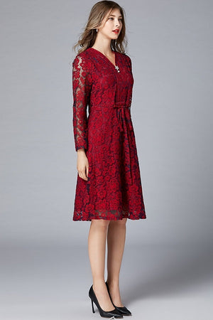 Hot Deep V-Neck Floral Lace A-Line Midi Dress