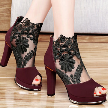 New High Heel Coarse Gauze Lace Fish Mouth Sandals Pumps