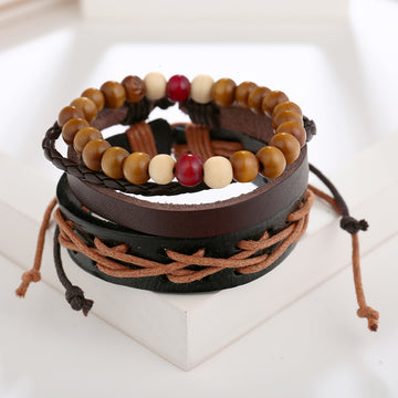 Leather Wood Beads Rope Wrap Multi-Layer Bracelet