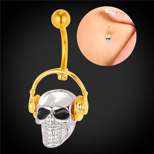 Gold Plated Skull Head With Headphones Belly Button Ring