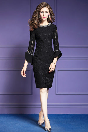 Elegant Pencil Lace Retro Beading Party Club Midi Dress