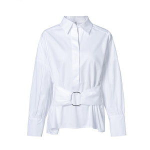 Trendy White Casual Belted Top Shirt Blouse Verkadi.com