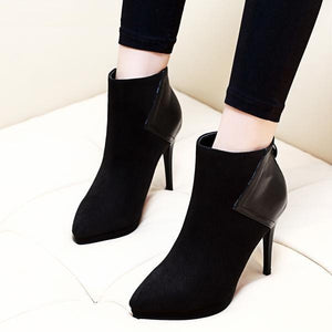Trendy Black Flock Leather Ankle Pointed Toe Boots Verkadi.com