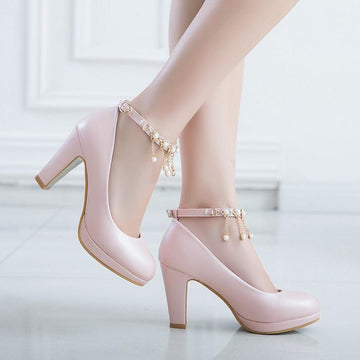Vintage High Heels String Bead Buckle Strap Pumps Verkadi.com