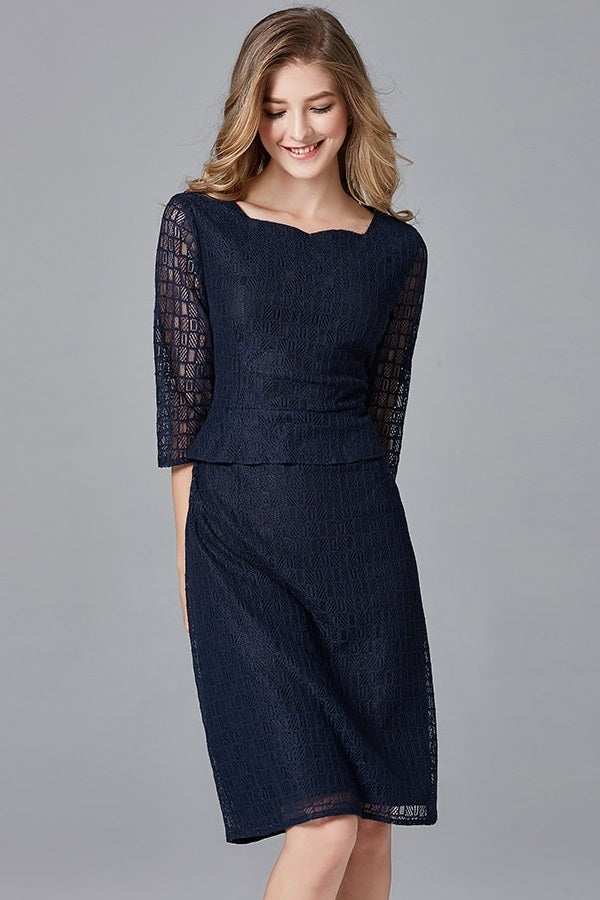 Elegant Dark Blue Lace Slim Tunic Plus Size Pro Midi Dress – Verkadi