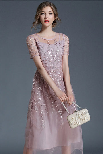 Vintage Style Embroidery A-Line Mid-Calf Dress