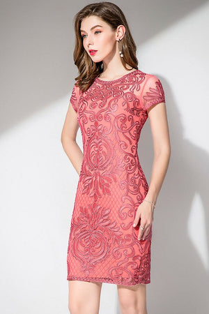 Pencil Short Sleeve Embroidered Formal Mini Dress
