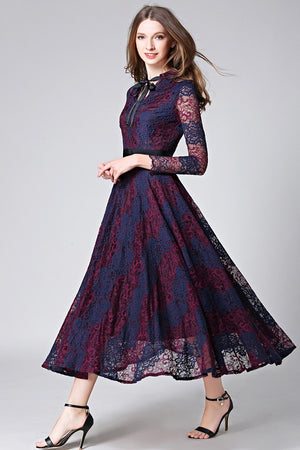 Vintage Lace Flower Print A-Line Mid-Calf Dress